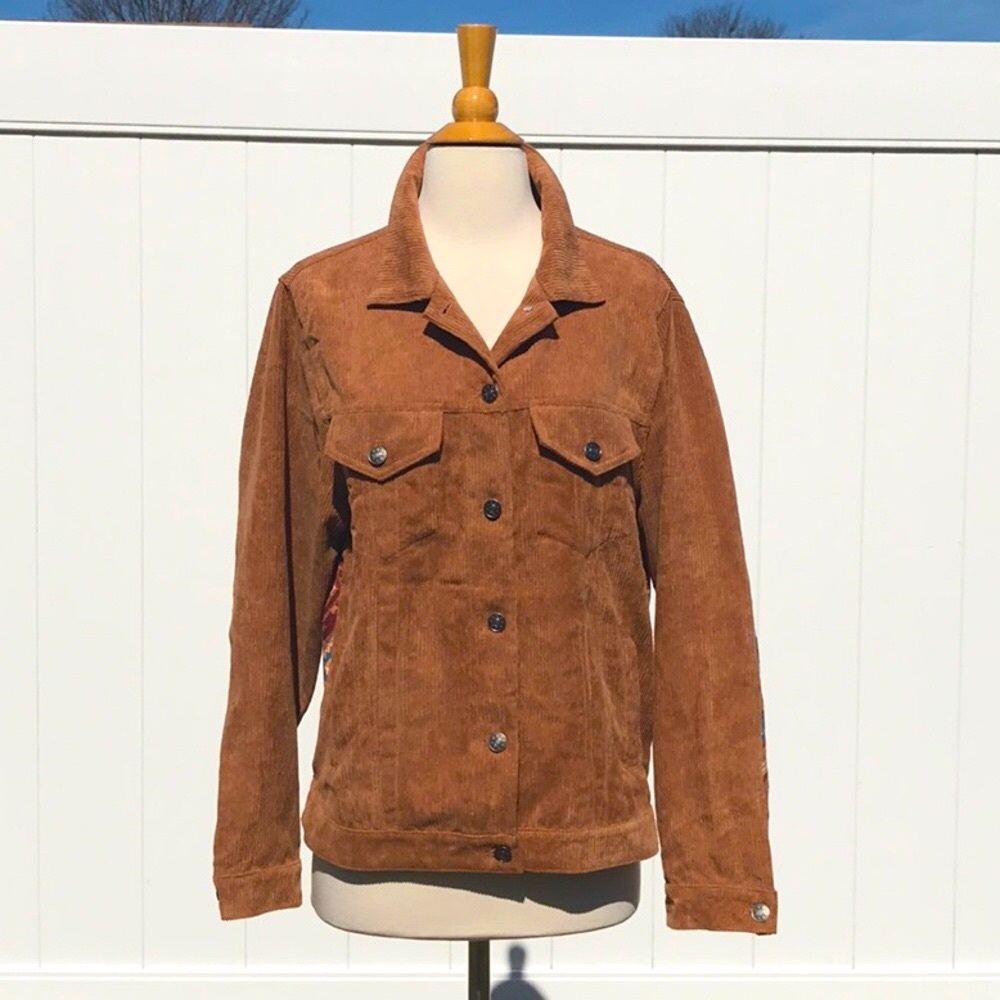 NWT Savanna Jane Tan Corduroy Classic Jean Jacket Style Aztec Design Size Medium